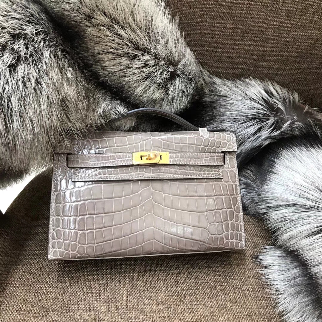 HERMES 爱马仕 Mini Kelly 22cm 手拎包 8F 锡器灰 Etain 鳄鱼皮