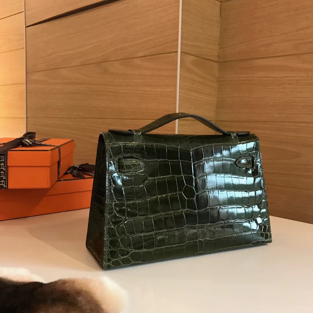 HERMES 爱马仕 Mini Kelly 22cm 手拎包 6H Veronese 橄榄绿 鳄鱼皮
