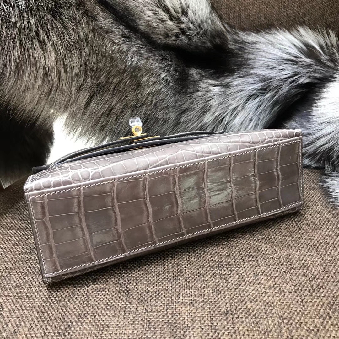 HERMES 爱马仕 Mini Kelly 22cm 手拎包 8F 锡器灰 Etain 鳄鱼皮