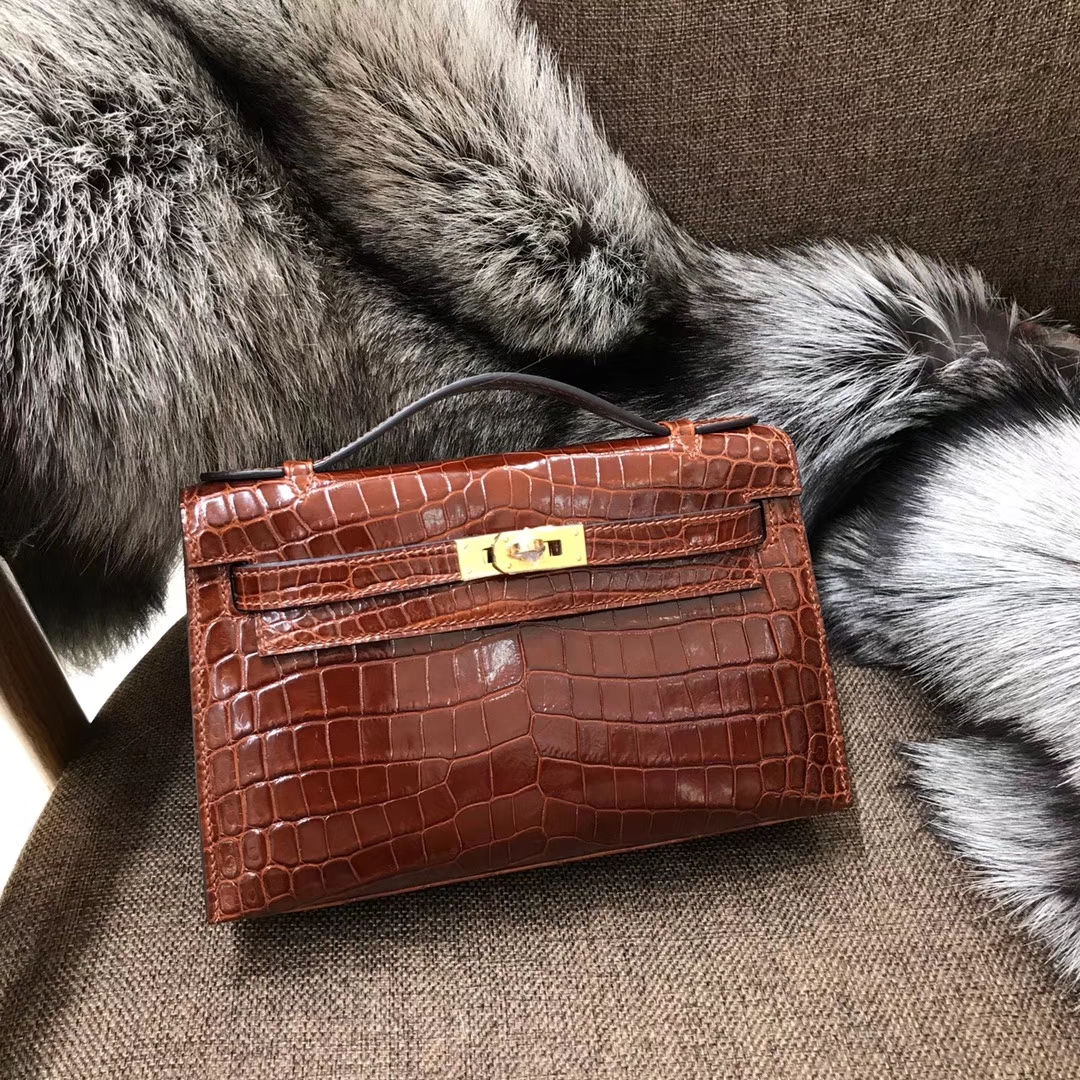 HERMES 爱马仕 Mini Kelly 22cm 手拎包 4g 深焦糖色 brulee 鳄鱼皮
