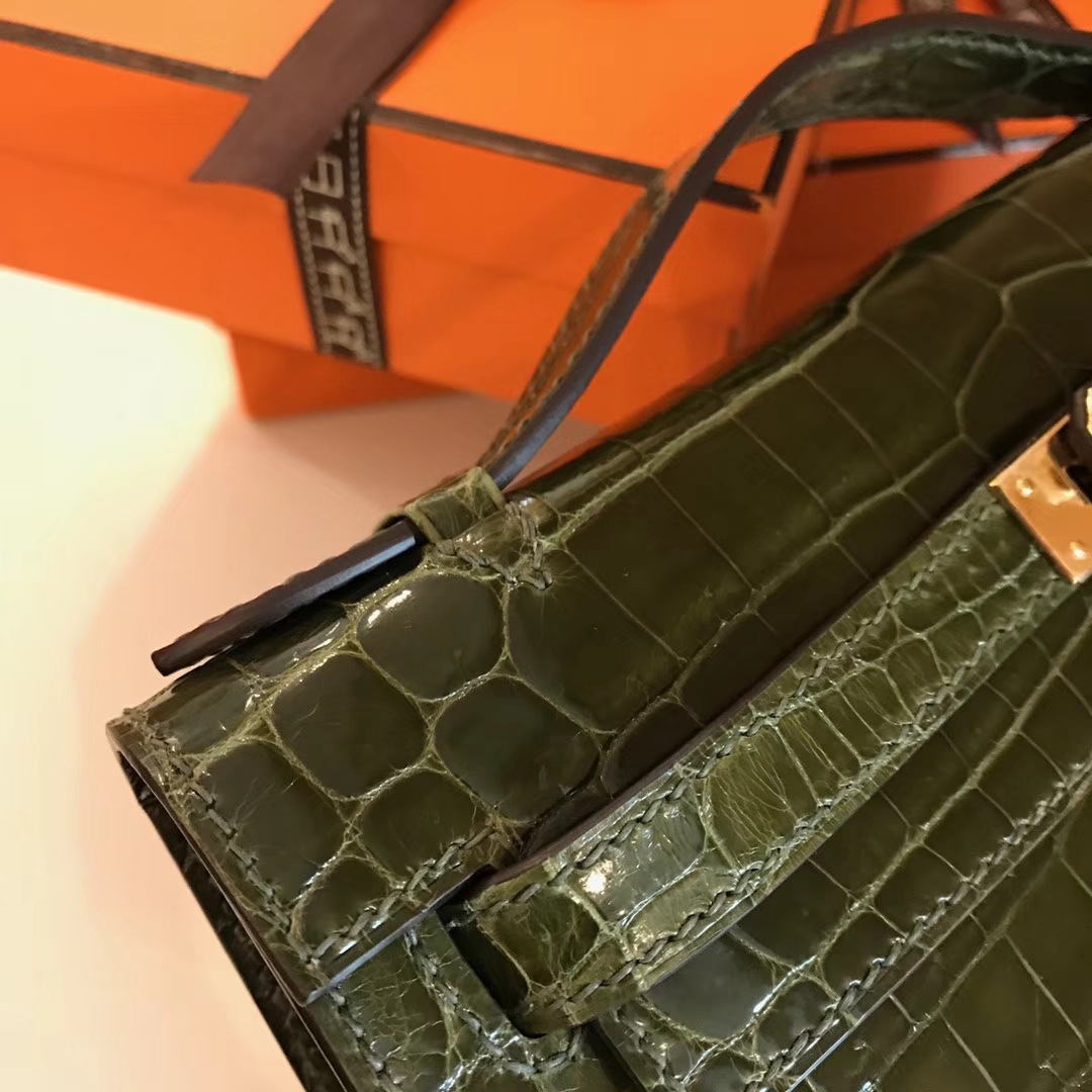 HERMES 爱马仕 Mini Kelly 22cm 手拎包 6H Veronese 橄榄绿 鳄鱼皮