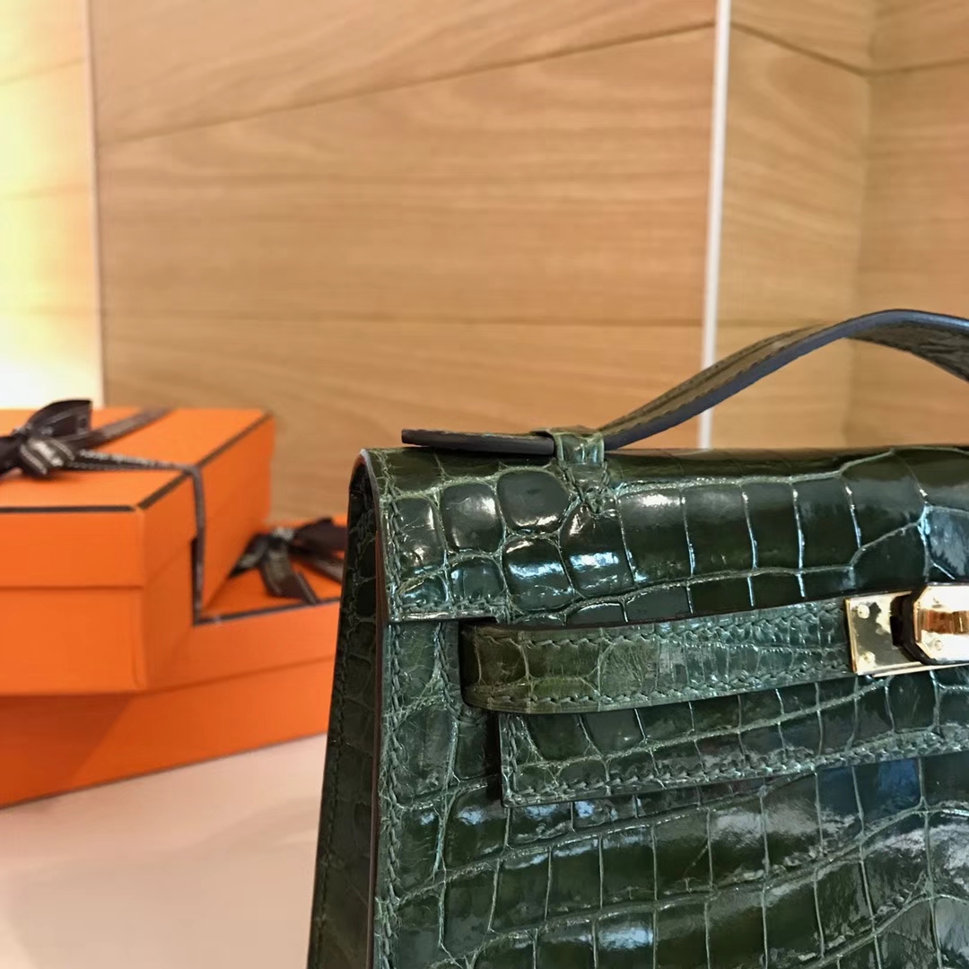 HERMES 爱马仕 Mini Kelly 22cm 手拎包 6H Veronese 橄榄绿 鳄鱼皮