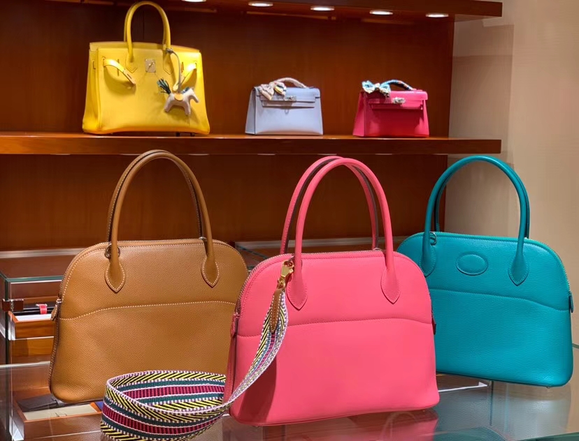 HERMES 爱马仕  Bolide Cherve 27cm 山羊皮 CK37 金棕色 Gold 海蓝 7A U5唇膏粉Rose Lipsur