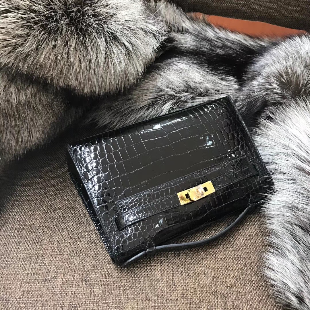 HERMES 爱马仕 Mini Kelly 22cm 手拎包 89黑色 Noir 鳄鱼皮