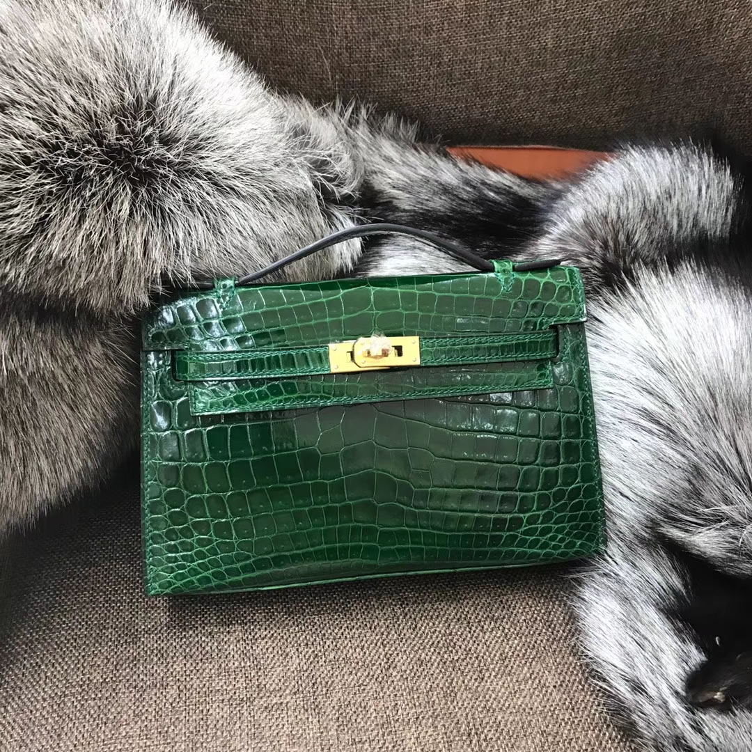 HERMES 爱马仕 Mini Kelly 22cm 手拎包 CK67 Vert Fonce 祖母绿 鳄鱼皮