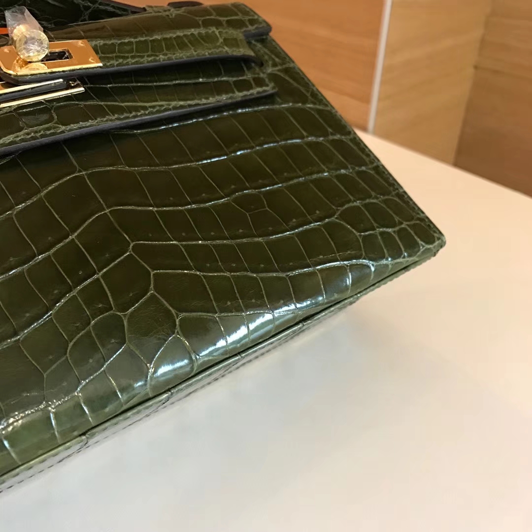 HERMES 爱马仕 Mini Kelly 22cm 手拎包 6H Veronese 橄榄绿 鳄鱼皮
