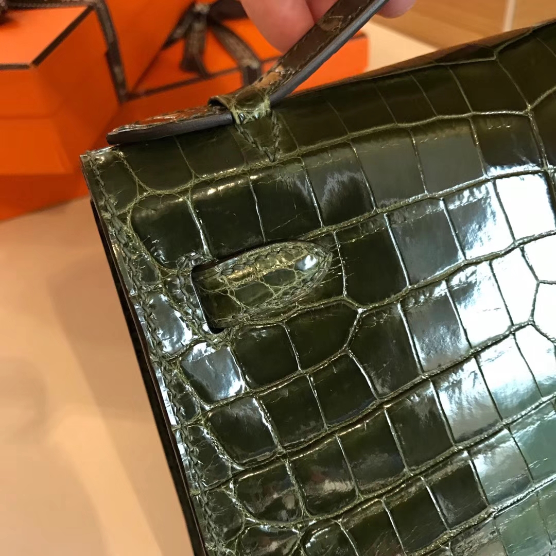 HERMES 爱马仕 Mini Kelly 22cm 手拎包 6H Veronese 橄榄绿 鳄鱼皮