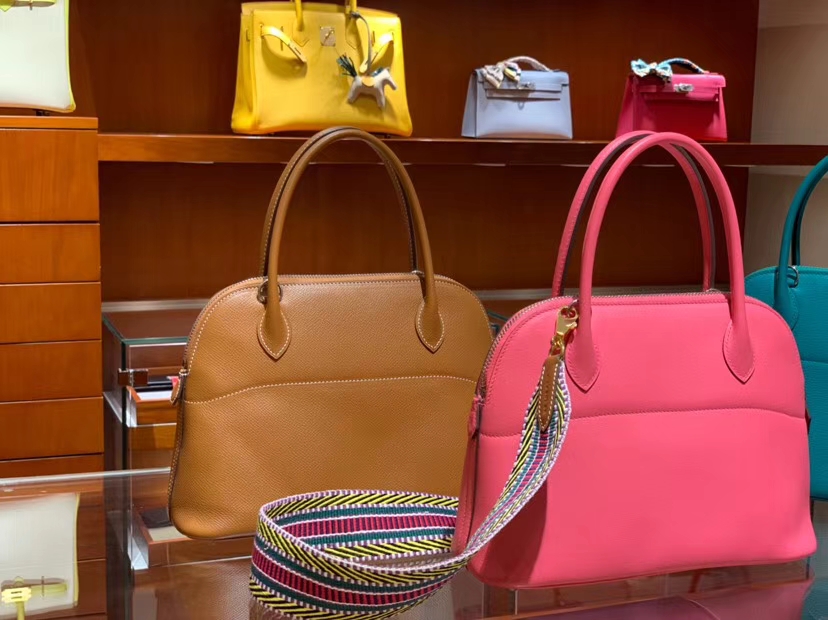HERMES 爱马仕  Bolide Cherve 27cm 山羊皮 CK37 金棕色 Gold 海蓝 7A U5唇膏粉Rose Lipsur