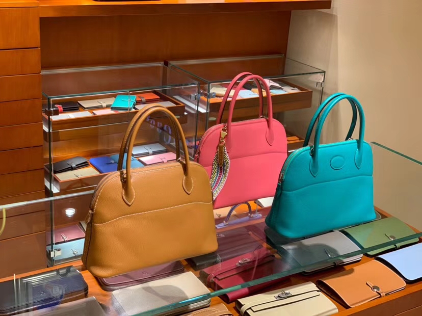 HERMES 爱马仕  Bolide Cherve 27cm 山羊皮 CK37 金棕色 Gold 海蓝 7A U5唇膏粉Rose Lipsur