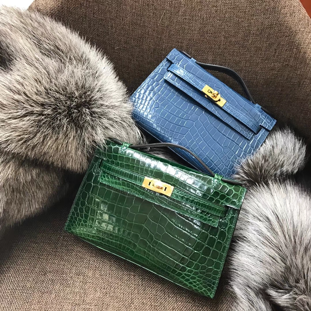 HERMES 爱马仕 Mini Kelly 22cm 手拎包 CK67 Vert Fonce 祖母绿 鳄鱼皮