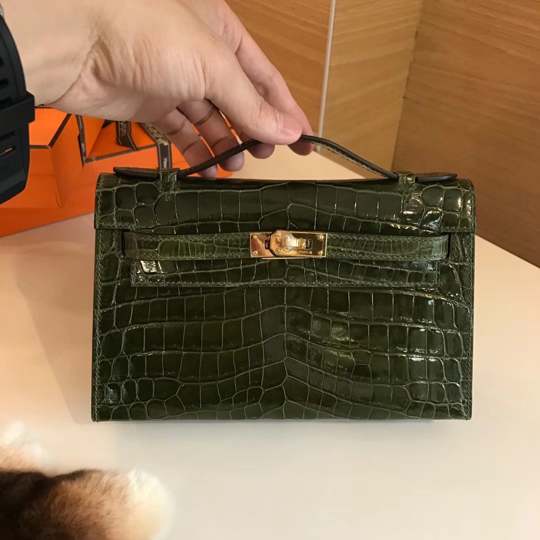 HERMES 爱马仕 Mini Kelly 22cm 手拎包 6H Veronese 橄榄绿 鳄鱼皮