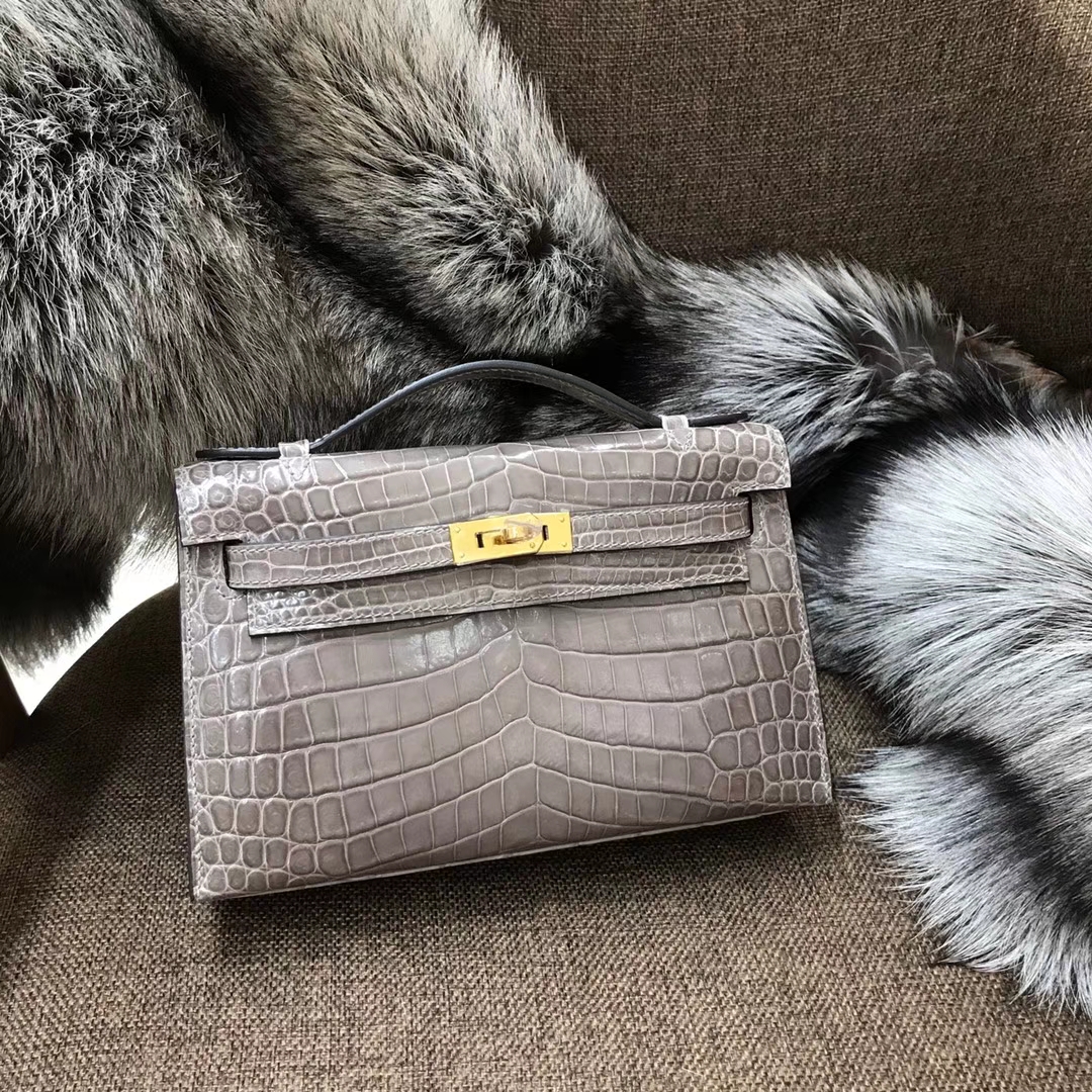 HERMES 爱马仕 Mini Kelly 22cm 手拎包 8F 锡器灰 Etain 鳄鱼皮