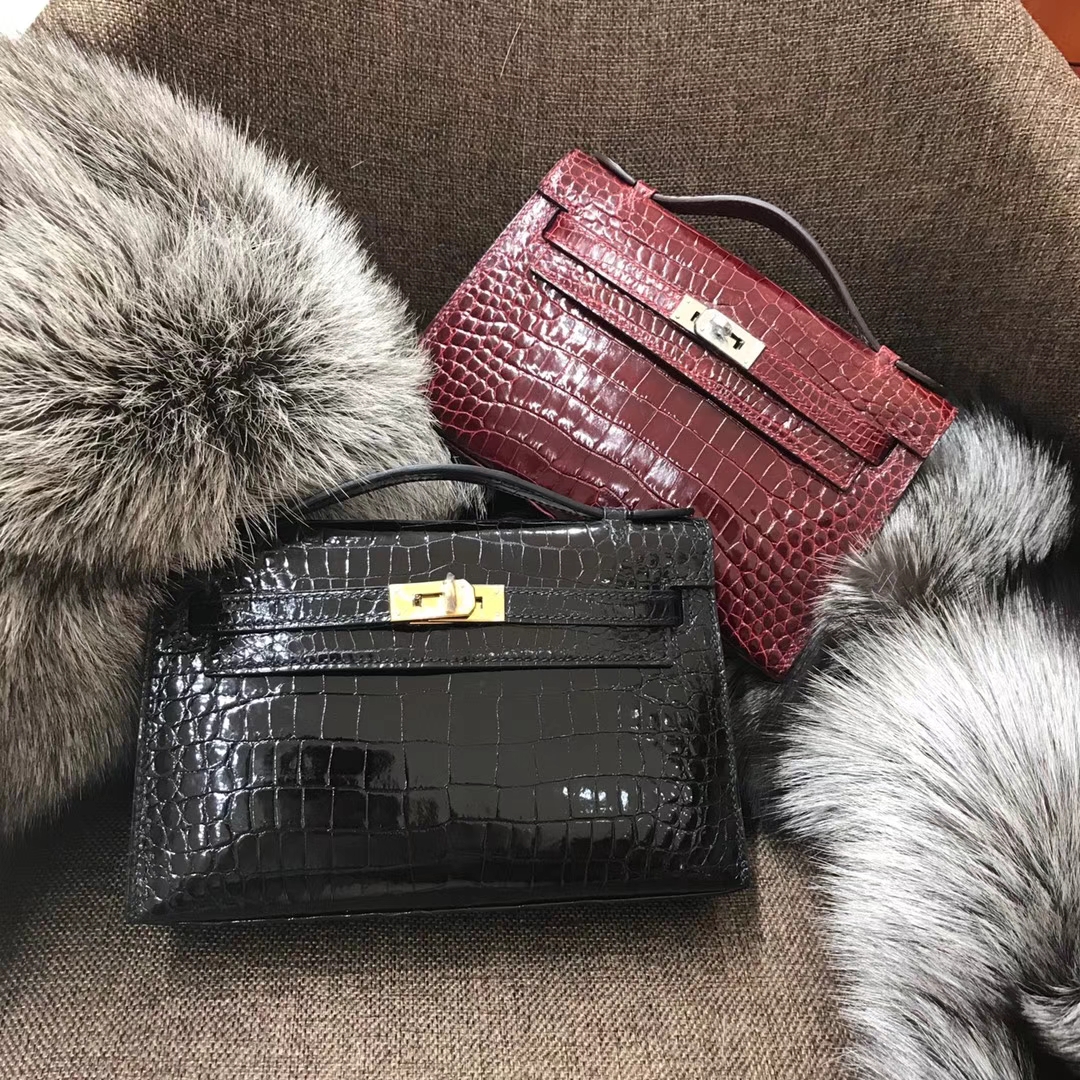 HERMES 爱马仕 Mini Kelly 22cm 手拎包 89黑色 Noir 鳄鱼皮