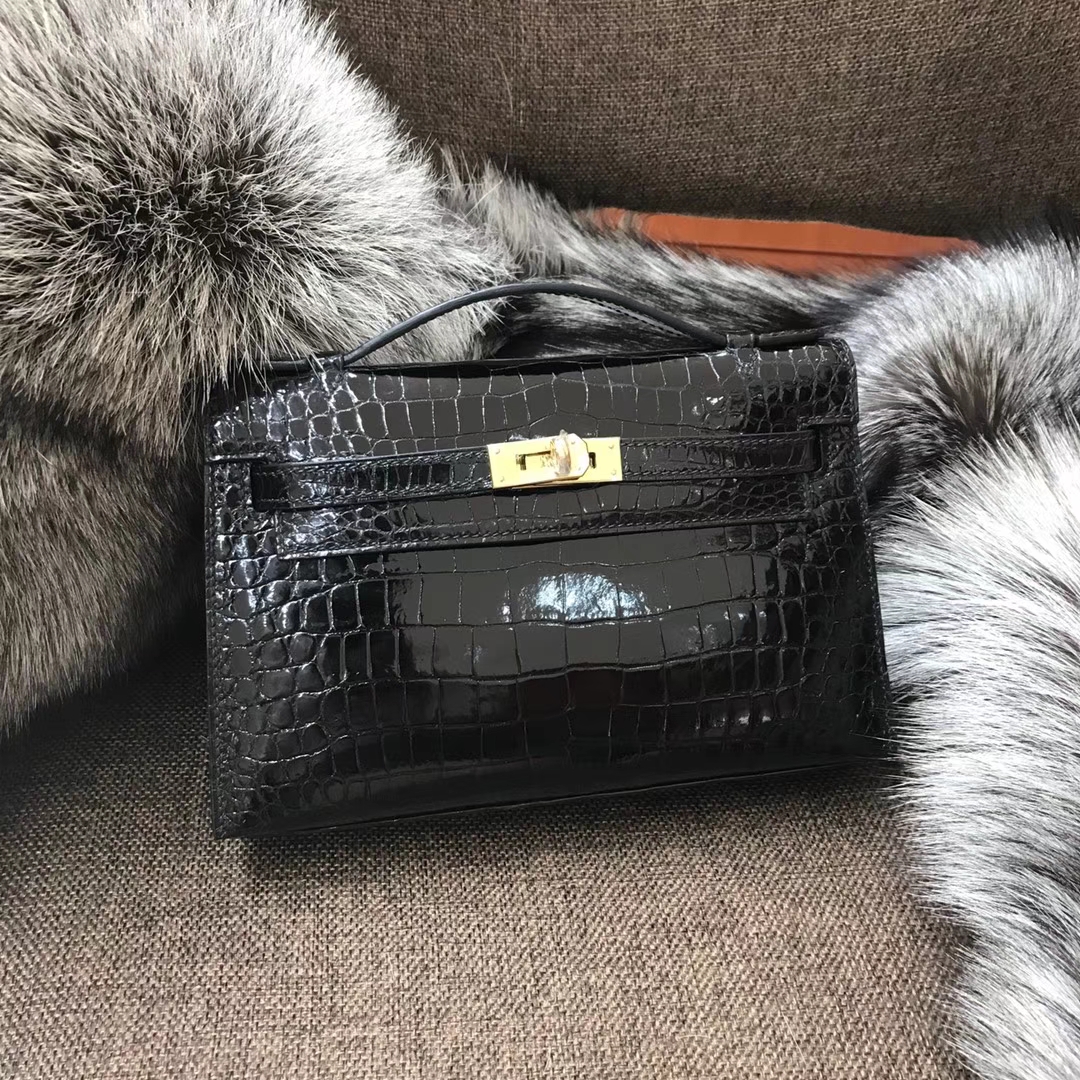 HERMES 爱马仕 Mini Kelly 22cm 手拎包 89黑色 Noir 鳄鱼皮