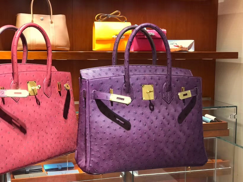 HERMES 爱马仕 铂金包 Birkin 30cm 鸵鸟皮 海葵紫 P9 Anemone 金银扣都可以定制