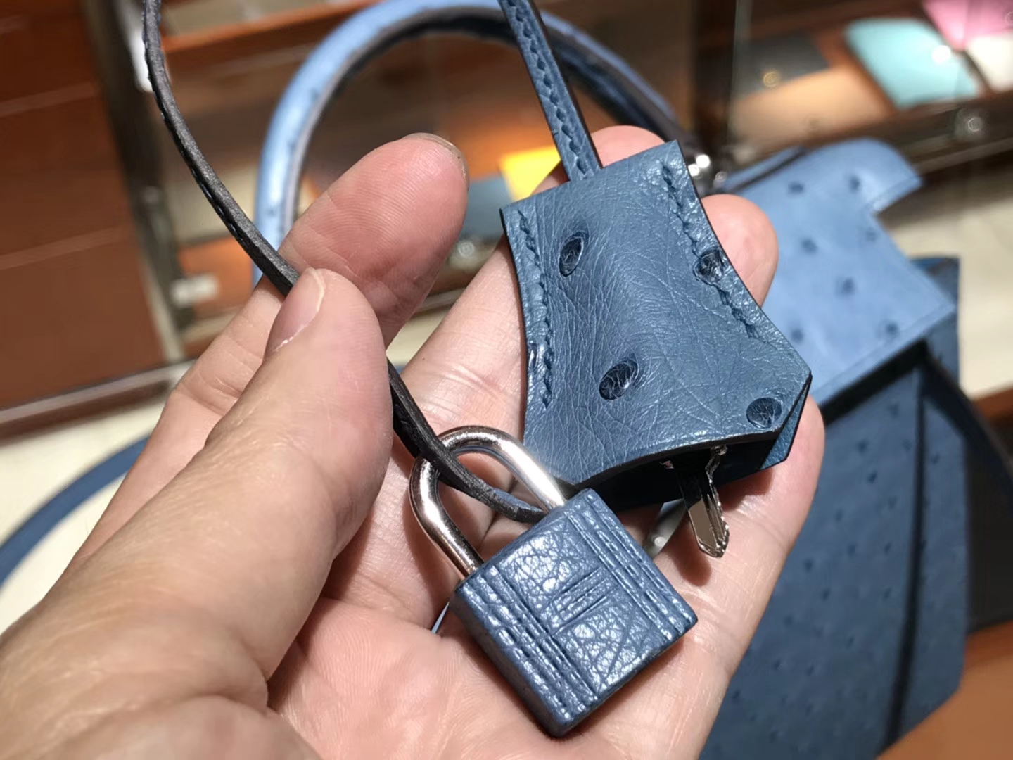HERMES 爱马仕 凯莉包 Kelly 25cm 28cm 鸵鸟皮 暴风蓝 Y7 Blue orage 金银扣都可以定制