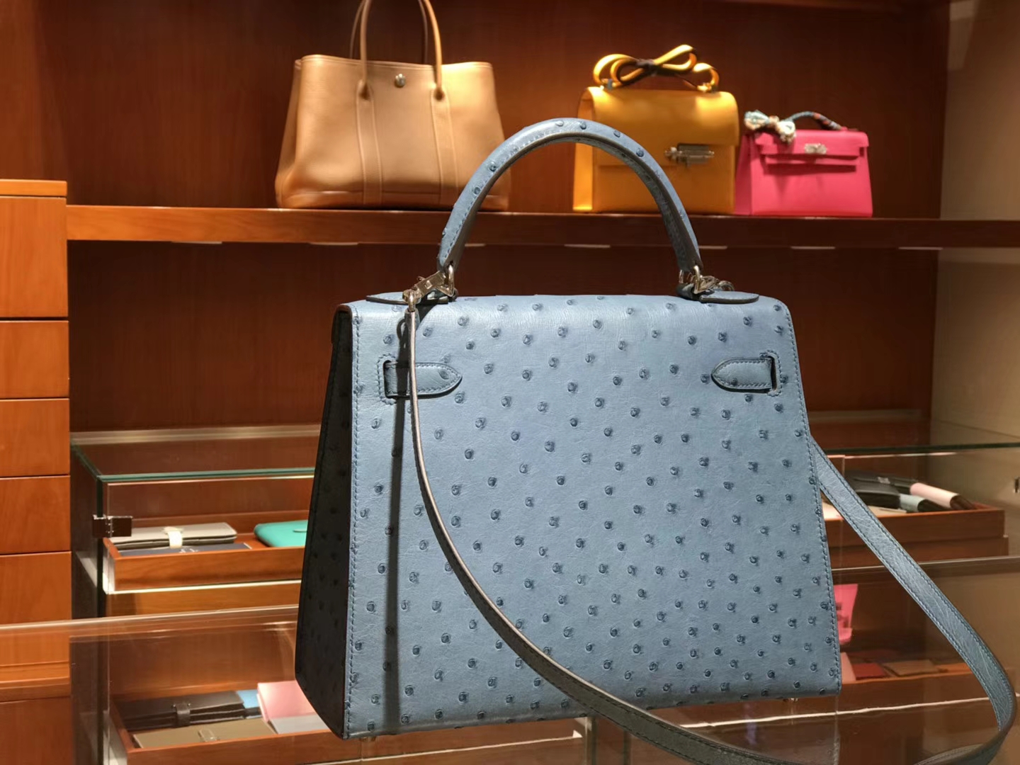 HERMES 爱马仕 凯莉包 Kelly 25cm 28cm 鸵鸟皮 暴风蓝 Y7 Blue orage 金银扣都可以定制
