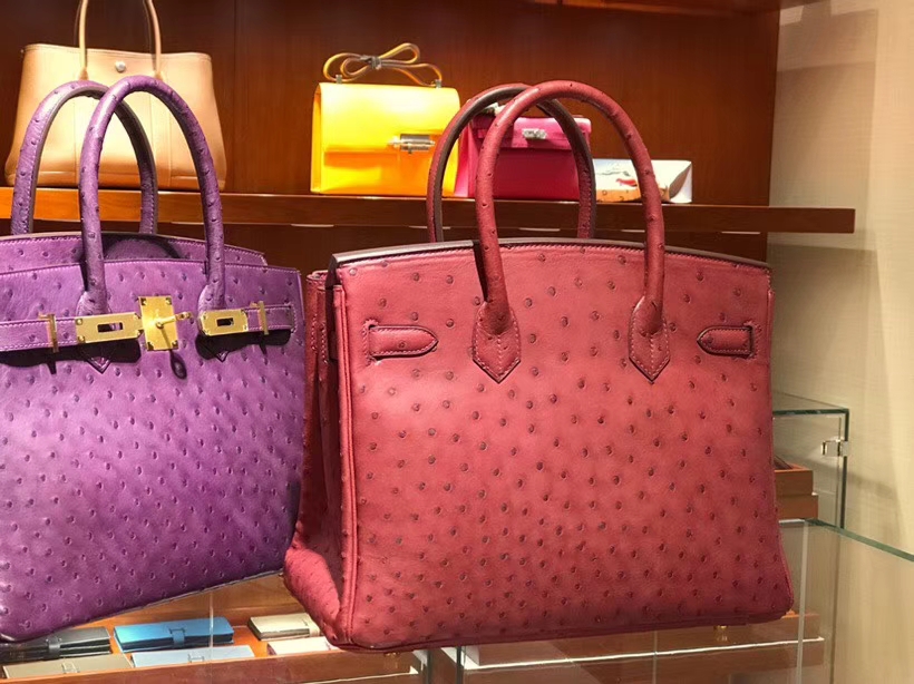 HERMES 爱马仕 铂金包 Birkin 30cm 鸵鸟皮 宝石红 B5 Rubis 金银扣都可以定制