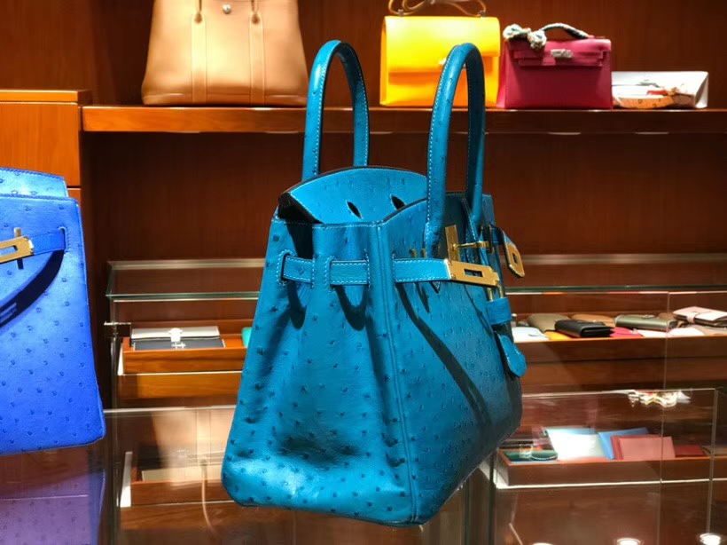 HERMES 爱马仕 铂金包 Birkin 30cm 鸵鸟皮 湖水蓝 7V Blue Azteque 金银扣都可以定制