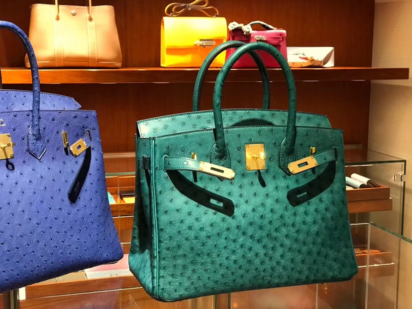 HERMES 爱马仕 铂金包 Birkin 30cm 鸵鸟皮 孔雀绿 Z6 金银扣都可以定制