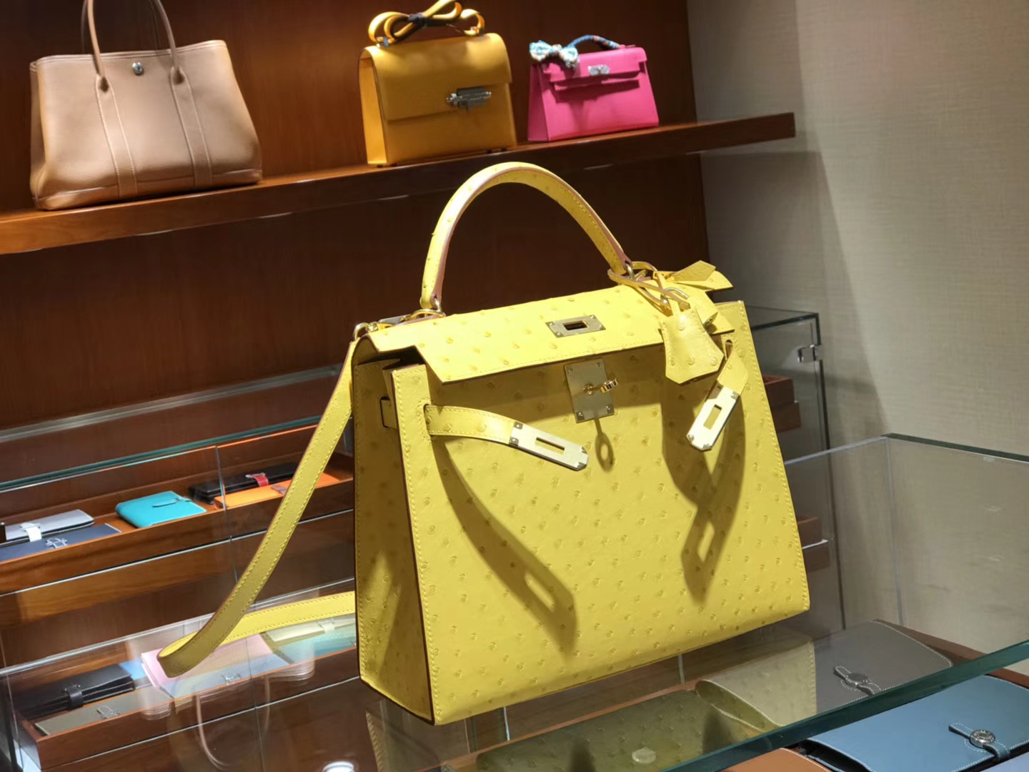 HERMES 爱马仕 凯莉包 Kelly 25cm 28cm 鸵鸟皮 太阳黄 9V 金银扣都可以定制