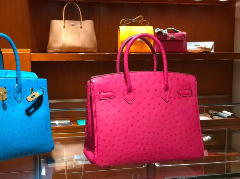 HERMES 爱马仕 铂金包 Birkin 30cm 鸵鸟皮 桃红 E5 金银扣都可以定制