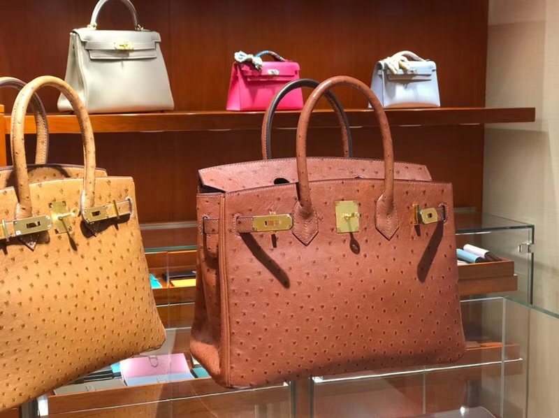 HERMES 爱马仕 铂金包 Birkin 30cm 鸵鸟皮 焦糖色 金银扣都可以定制