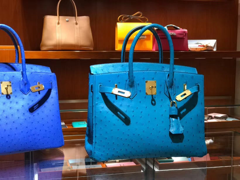 HERMES 爱马仕 铂金包 Birkin 30cm 鸵鸟皮 湖水蓝 7V Blue Azteque 金银扣都可以定制
