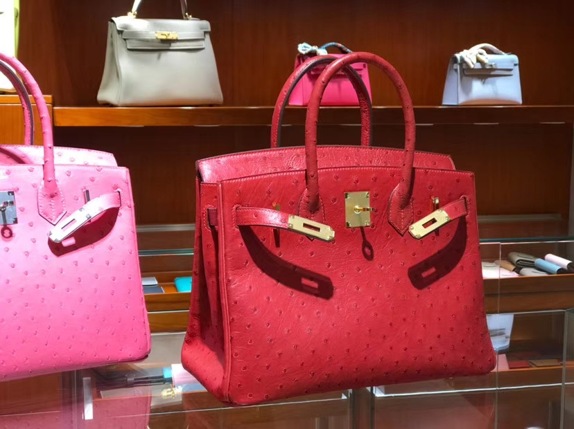 HERMES 爱马仕 铂金包 Birkin 30cm 鸵鸟皮 中国红 3M Rouge Laque 金银扣都可以定制