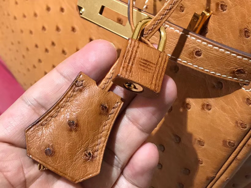 HERMES 爱马仕 铂金包 Birkin 30cm 鸵鸟皮 金棕色 C47 金银扣都可以定制