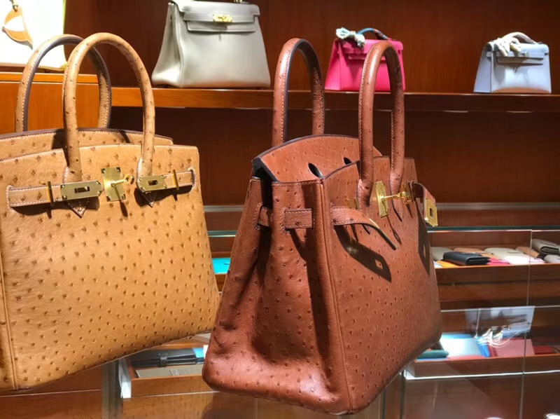HERMES 爱马仕 铂金包 Birkin 30cm 鸵鸟皮 焦糖色 金银扣都可以定制
