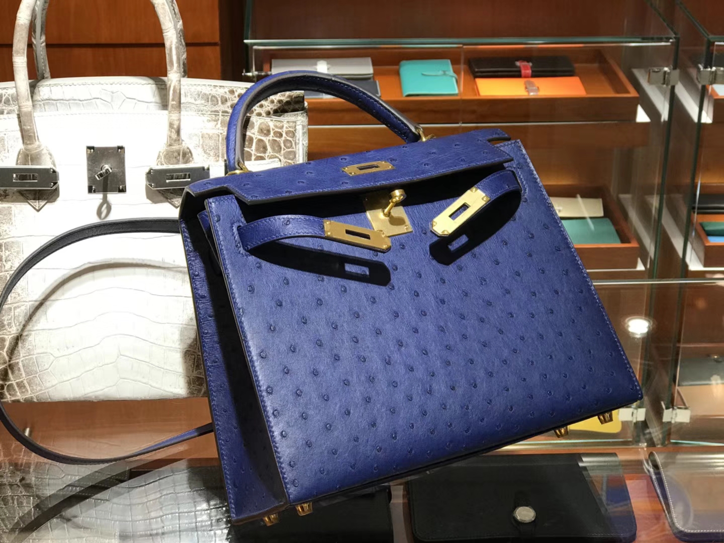 HERMES 爱马仕 凯莉包 Kelly 25cm 28cm 鸵鸟皮 玛尔塔兰  金银扣 配全套专柜原版包装