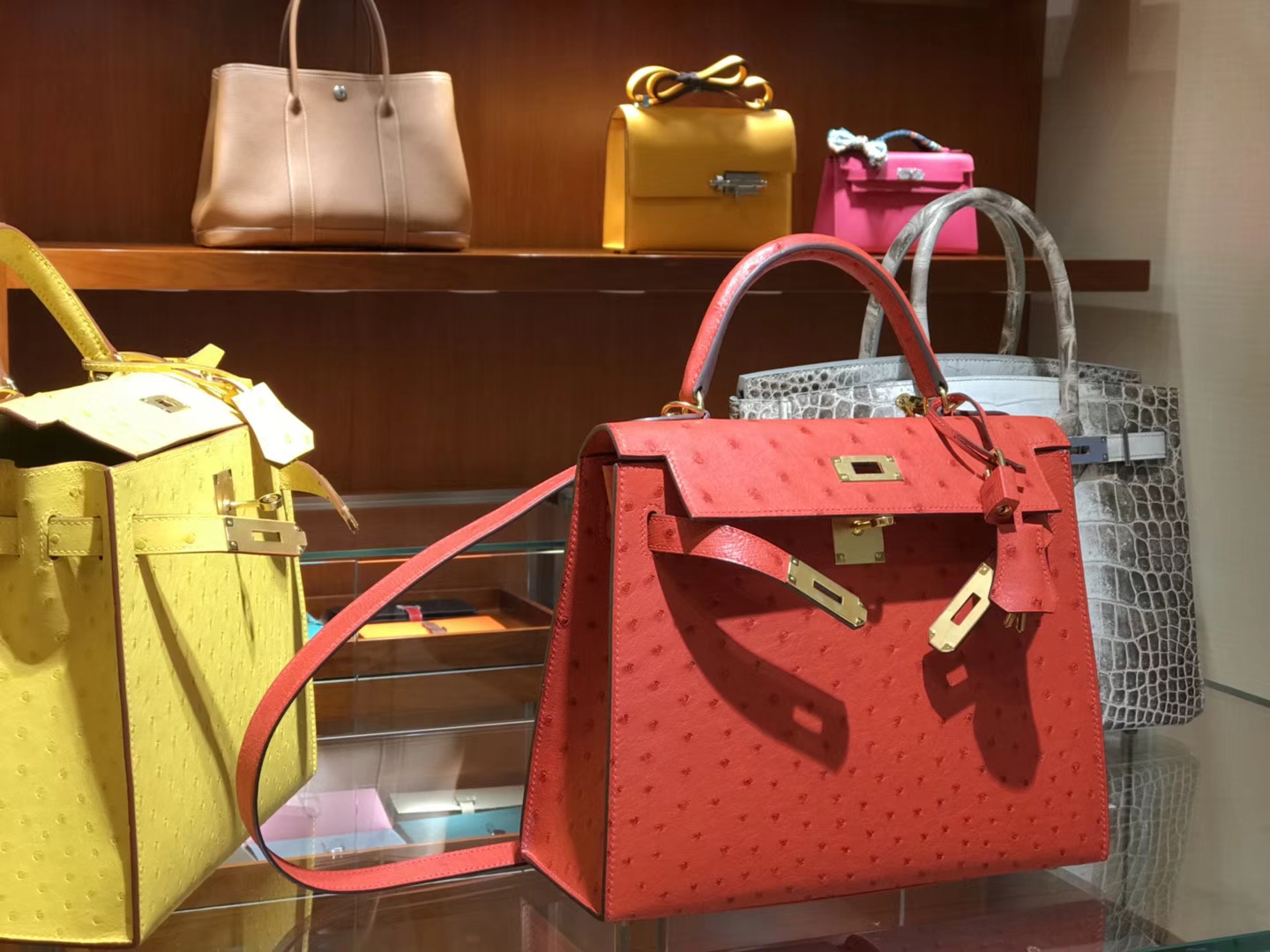 HERMES 爱马仕 凯莉包 Kelly 25cm 28cm 鸵鸟皮 爱马仕红 55 Rougeh 金银扣都可以定制