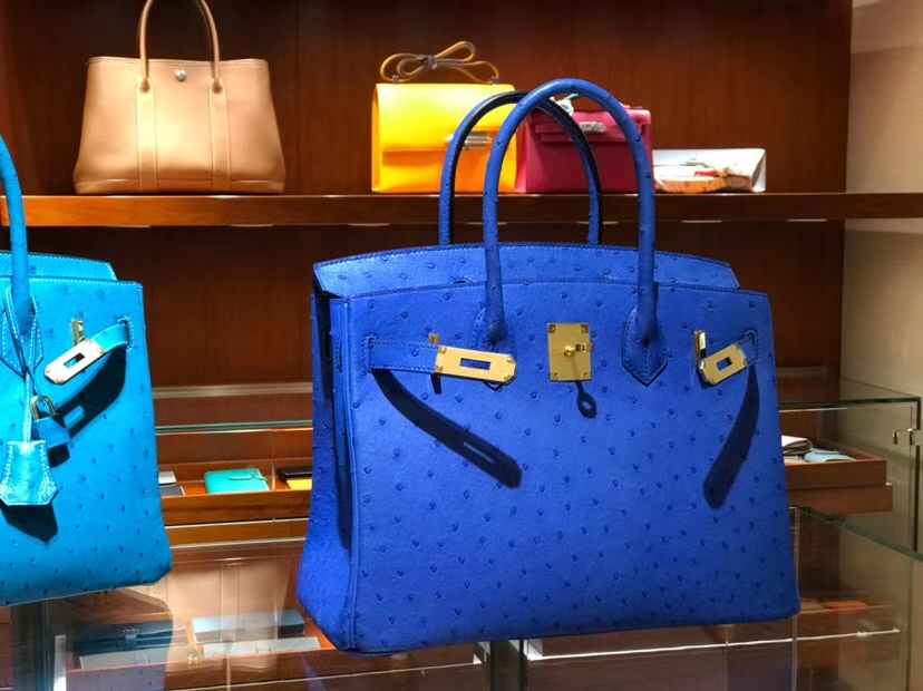 HERMES 爱马仕 铂金包 Birkin 30cm 鸵鸟皮 水妖蓝 T7 Blue Hydra金 银扣都可以定制