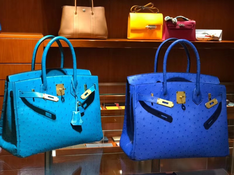 HERMES 爱马仕 铂金包 Birkin 30cm 鸵鸟皮 水妖蓝 T7 Blue Hydra金 银扣都可以定制