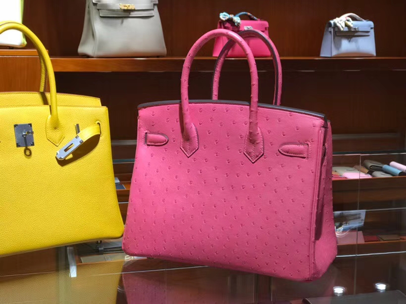 HERMES 爱马仕 铂金包 Birkin 30cm 鸵鸟皮 唇膏粉 U5 Rose elipstick 金银扣都可以定制