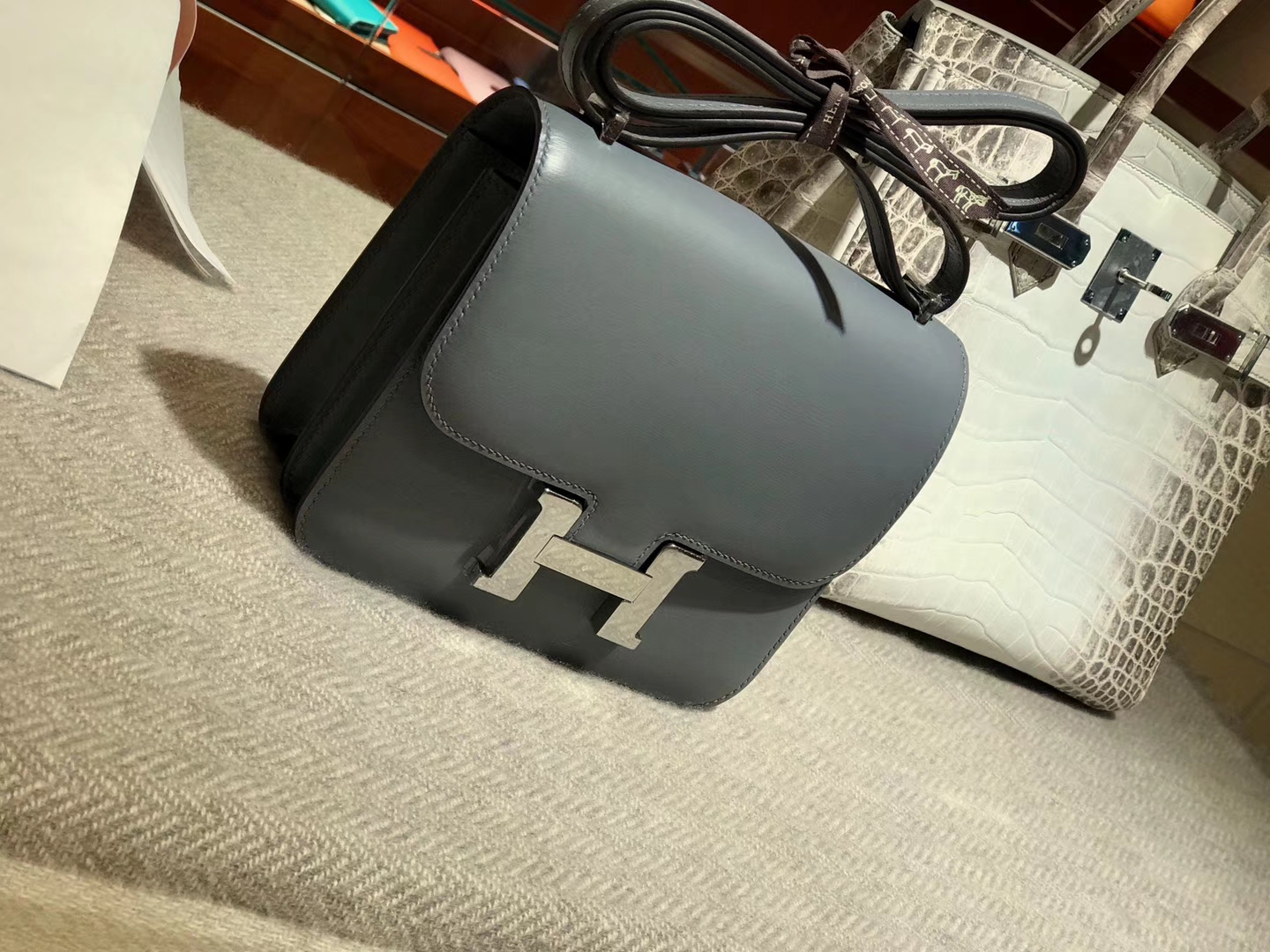 HERMES 爱马仕 空姐包 Constance BOX 锡器灰 银扣