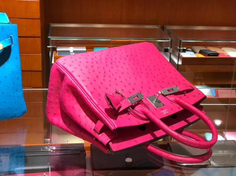 HERMES 爱马仕 铂金包 Birkin 30cm 鸵鸟皮 桃红 E5 金银扣都可以定制