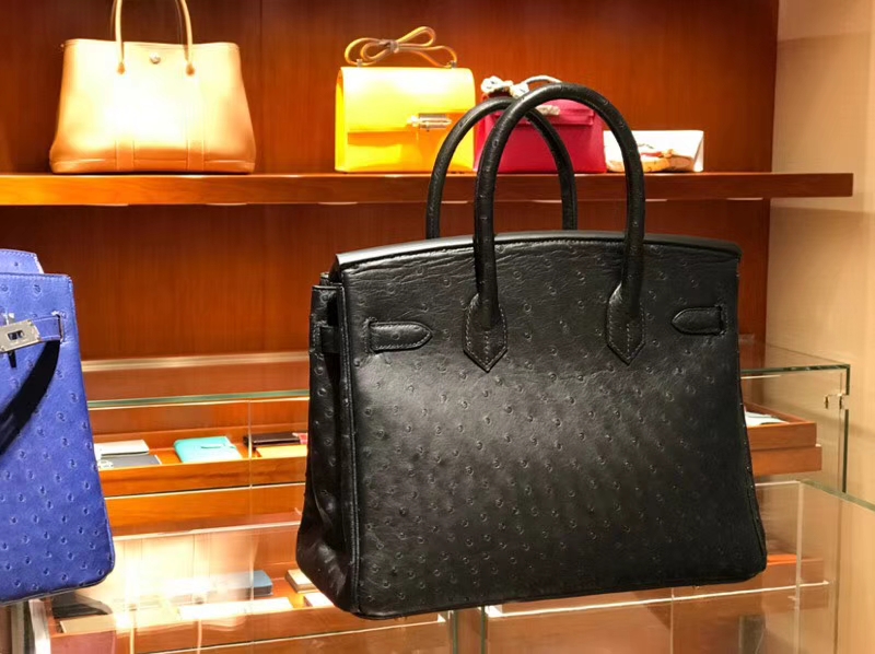HERMES 爱马仕 铂金包 Birkin 30cm 鸵鸟皮 黑色 89 Nior 金银扣都可以定制