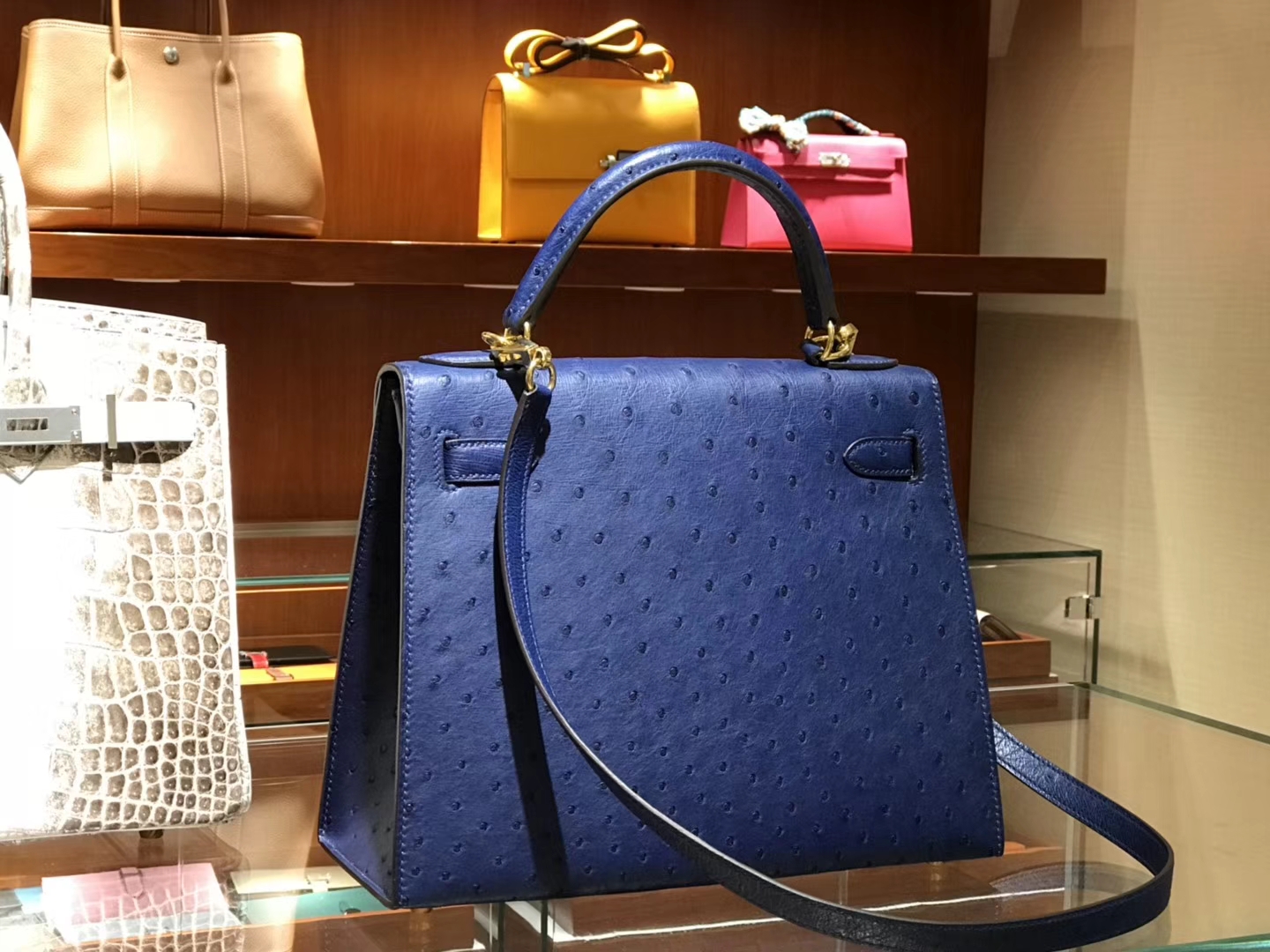 HERMES 爱马仕 凯莉包 Kelly 25cm 28cm 鸵鸟皮 玛尔塔兰  金银扣 配全套专柜原版包装