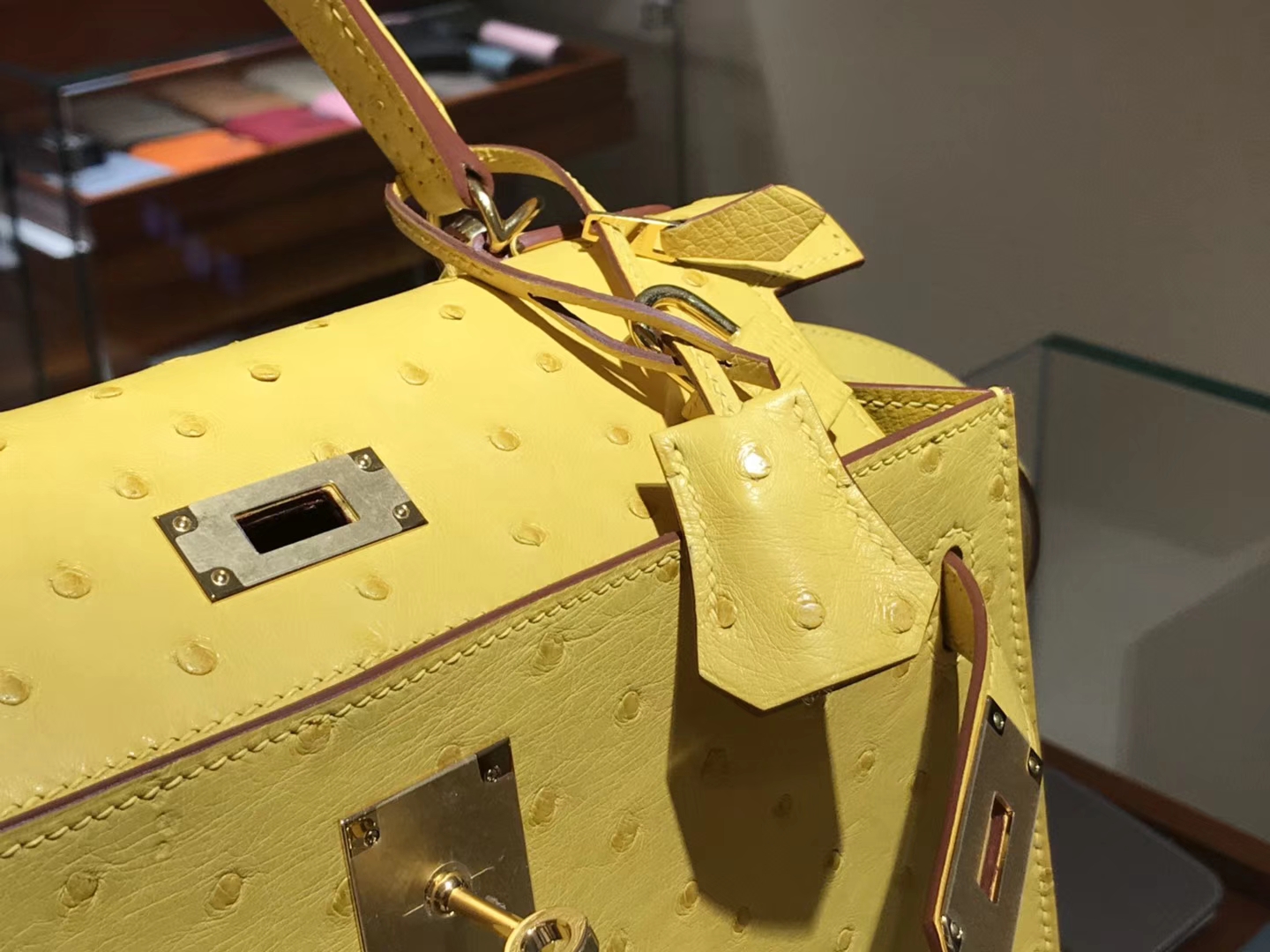 HERMES 爱马仕 凯莉包 Kelly 25cm 28cm 鸵鸟皮 太阳黄 9V 金银扣都可以定制