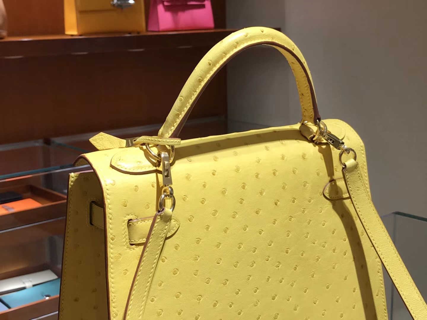 HERMES 爱马仕 凯莉包 Kelly 25cm 28cm 鸵鸟皮 太阳黄 9V 金银扣都可以定制
