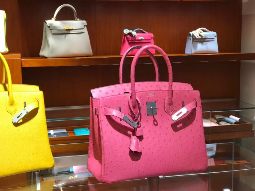 HERMES 爱马仕 铂金包 Birkin 30cm 鸵鸟皮 唇膏粉 U5 Rose elipstick 金银扣都可以定制