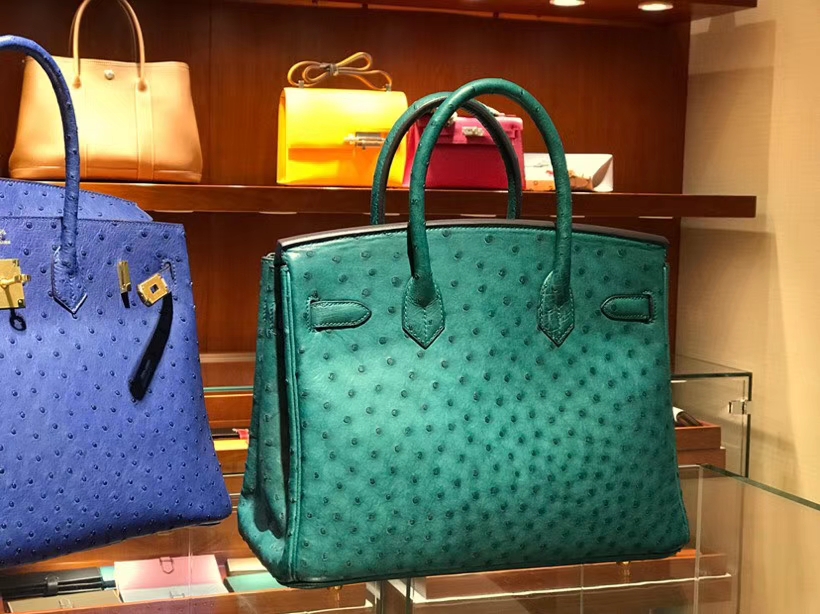 HERMES 爱马仕 铂金包 Birkin 30cm 鸵鸟皮 孔雀绿 Z6 金银扣都可以定制