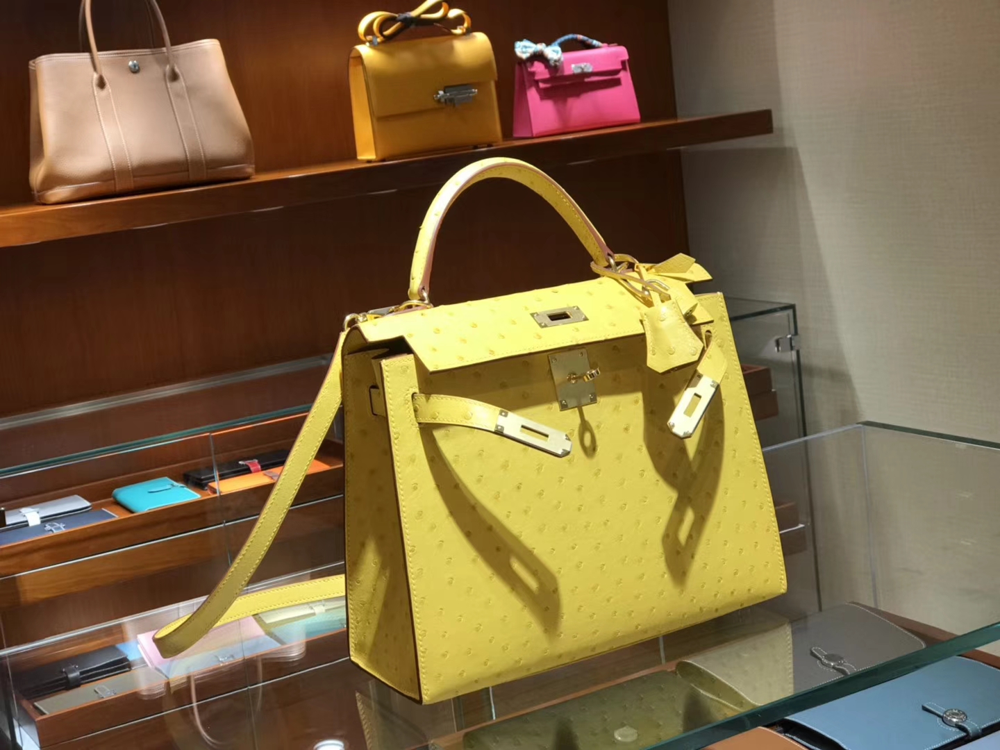 HERMES 爱马仕 凯莉包 Kelly 25cm 28cm 鸵鸟皮 太阳黄 9V 金银扣都可以定制