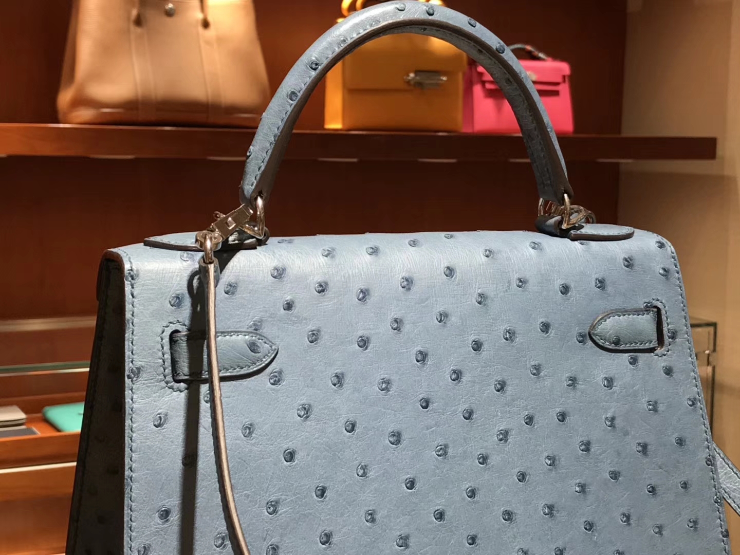 HERMES 爱马仕 凯莉包 Kelly 25cm 28cm 鸵鸟皮 暴风蓝 Y7 Blue orage 金银扣都可以定制