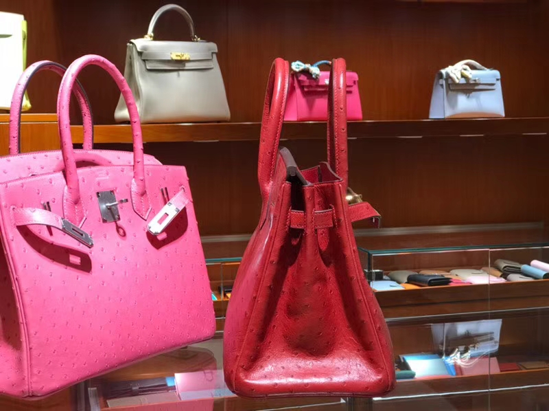 HERMES 爱马仕 铂金包 Birkin 30cm 鸵鸟皮 中国红 3M Rouge Laque 金银扣都可以定制