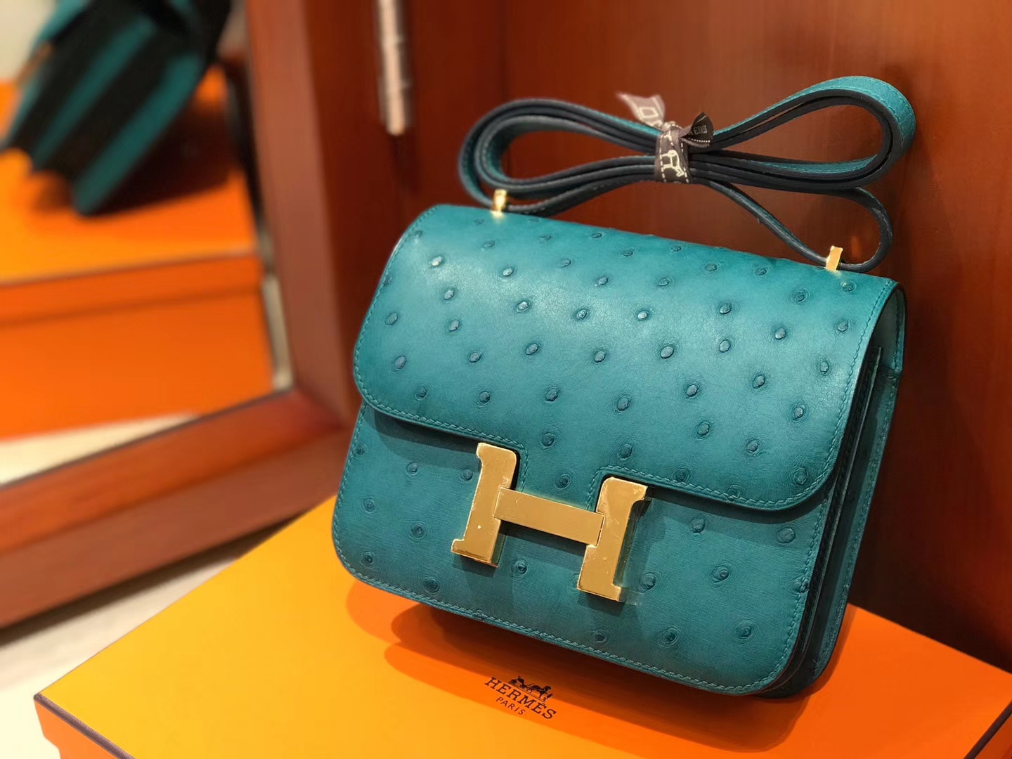 HERMES 爱马仕 Constance 18cm 鸵鸟皮 孔雀绿