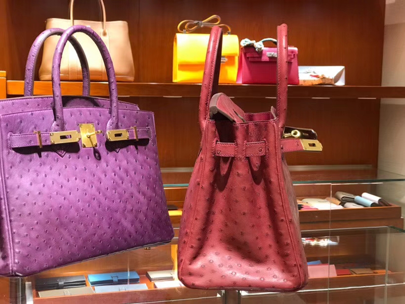 HERMES 爱马仕 铂金包 Birkin 30cm 鸵鸟皮 宝石红 B5 Rubis 金银扣都可以定制