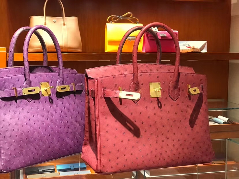 HERMES 爱马仕 铂金包 Birkin 30cm 鸵鸟皮 宝石红 B5 Rubis 金银扣都可以定制